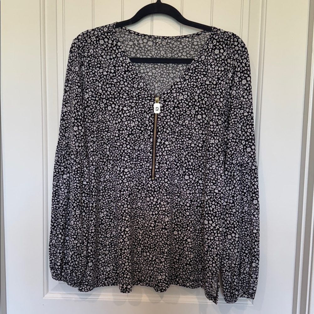Michael Kors Black and White Floral Top with Gold Zipper